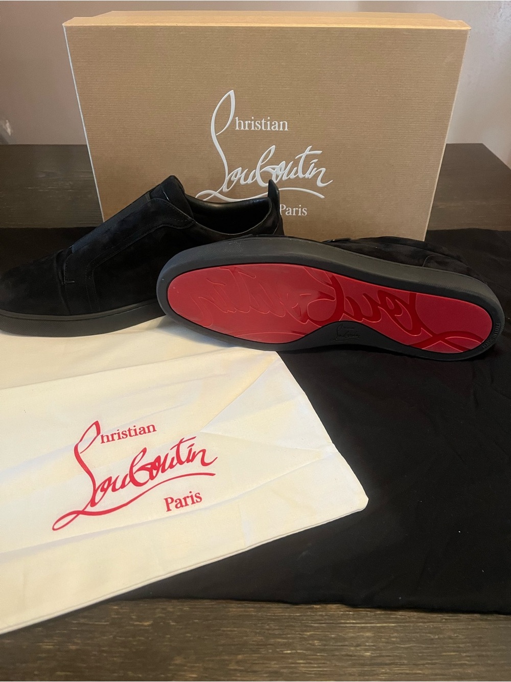 Christian Louboutin Black Suede Slip-On Loafers with Red Sole